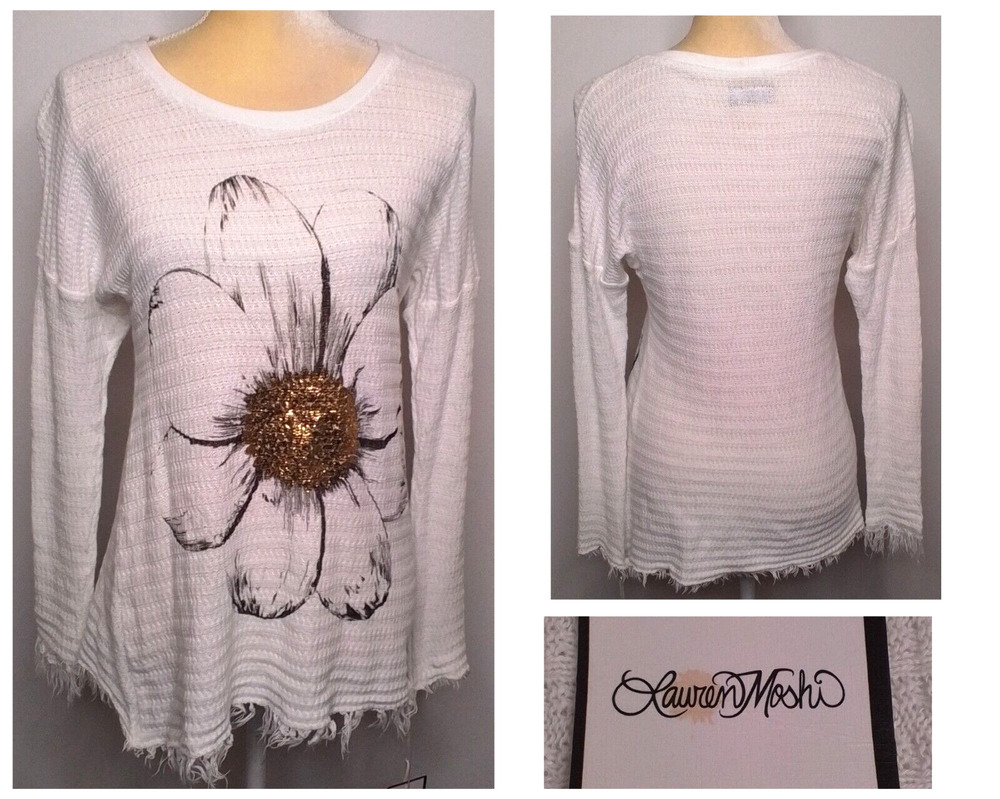 Lauren Moshi Sweater Women's Size Small White Graphic Print NWT #W3127